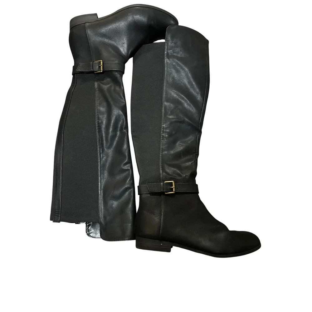 Kimball Black Faux Leather Elastic Back Knee High Riding Boots Womens‎ Size 7.5